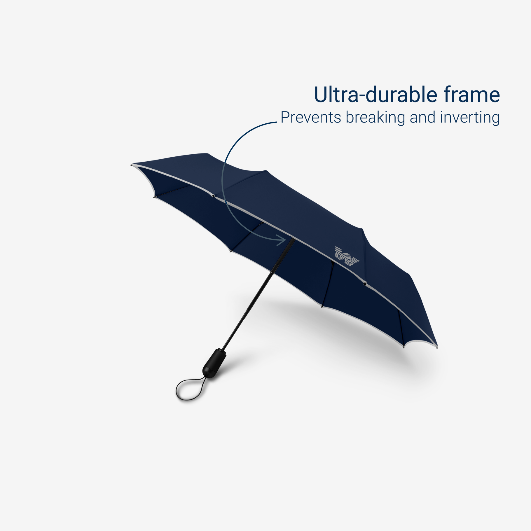 Weatherman Travel Umbrella in navy with ultra-durable frame feature.