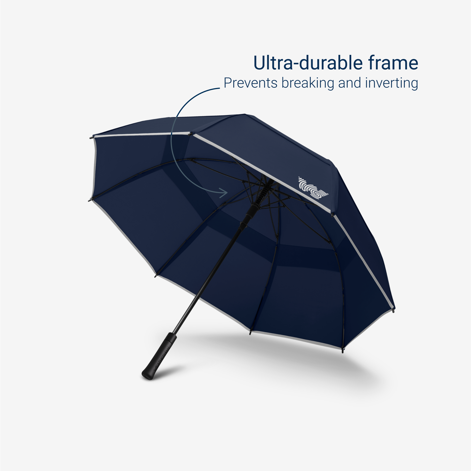 Weatherman Stick Umbrella in navy blue with ultra-durable frame feature.