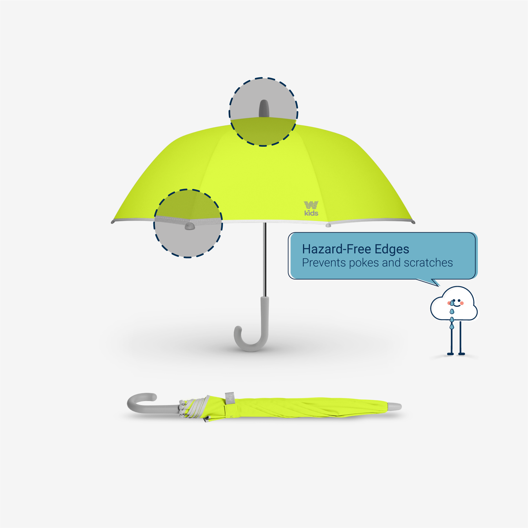 Weatherman Kids Umbrella in neon yellow with hazard-free edges feature.