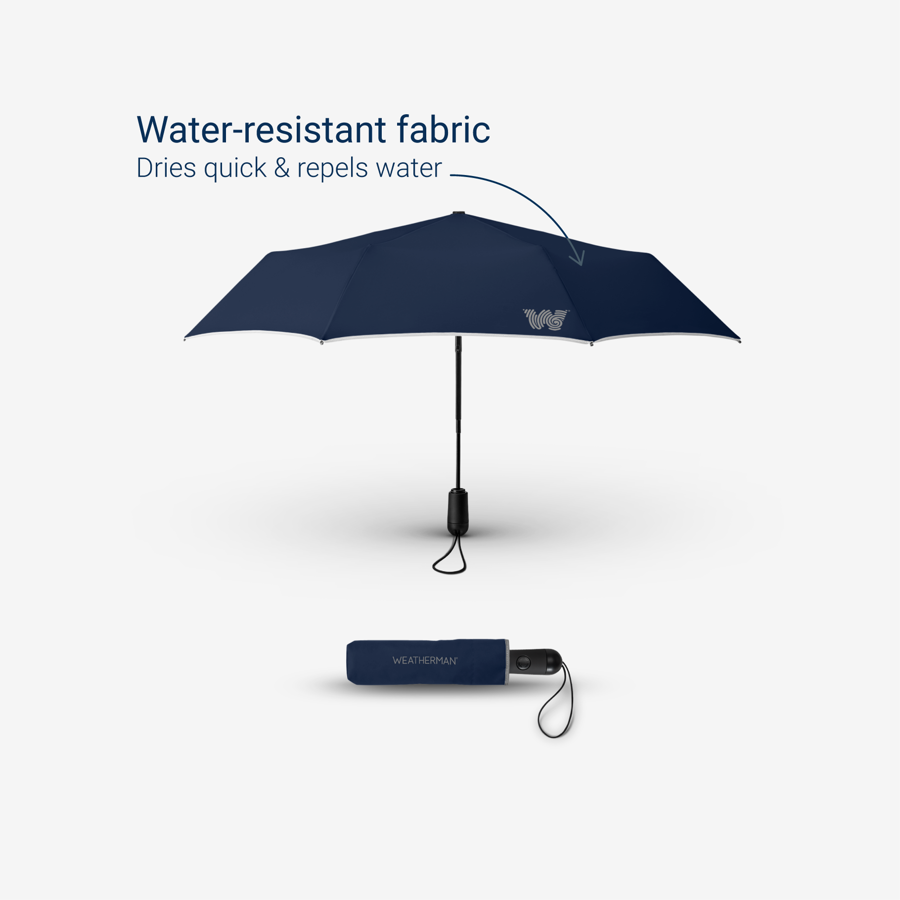 Weatherman Travel Umbrella in navy with water-resistant fabric feature.